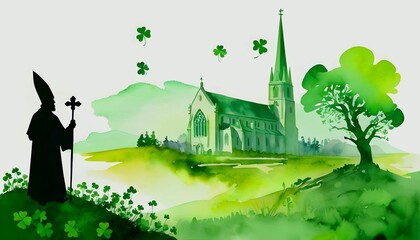 St. Patrick's Day. Green watercolor landscape with bishop silhouette, church and clover leaves. Vector illustration created with generative ai