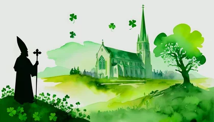 Foto auf Alu-Dibond St. Patrick's Day. Green watercolor landscape with bishop silhouette, church and clover leaves. Vector illustration created with generative ai © Chaudhry