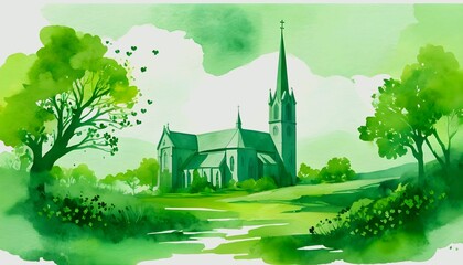 St. Patrick's Day. Green watercolor landscape with bishop silhouette, church and clover leaves. Vector illustration created with generative ai - obrazy, fototapety, plakaty