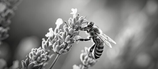 Monochrome image of a honey bee on lavender in June.