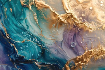 Currents of translucent hues, snaking metallic swirls. Natural luxury abstract fluid art painting in alcohol ink technique - obrazy, fototapety, plakaty