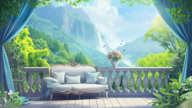Beautiful and peaceful fantasy landscape background seen from the balcony of the house with sofa. seamless looping time-lapse virtual video animation background