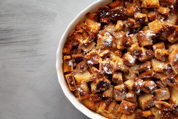 Homemade Bread Pudding in a Dish, top view. Copy space.