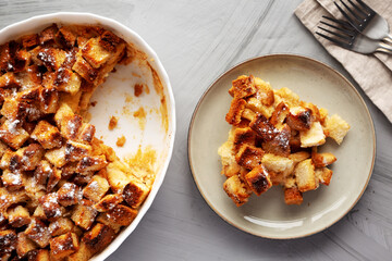 Homemade Bread Pudding on a Plate, top view. Flat lay, overhead, from above.