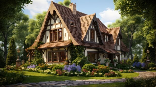 Classic European traditional house architecture with roof and a beautiful lawn.