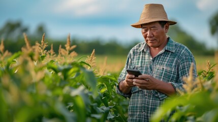 farmer using mobile phone in the field, in the style of precisionism influence