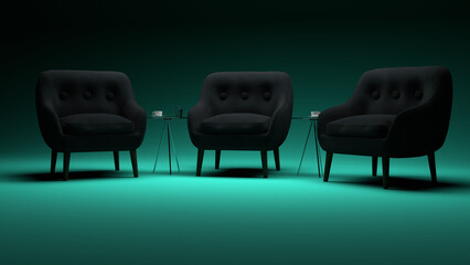 3D modeled Talkshow chairs / Webinar chairs in front of mind green background.	