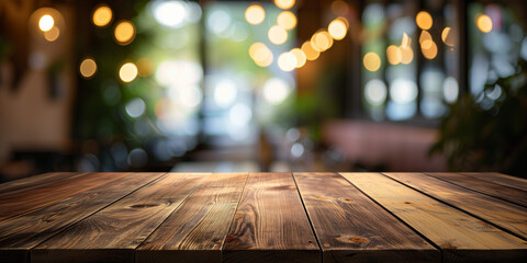 Wood planks table with blurry bokeh background in a café for product display background base