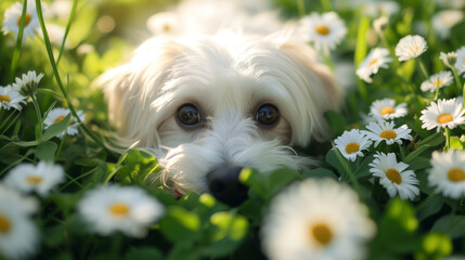 cute white dog puppy hiding in the grass between white flowers