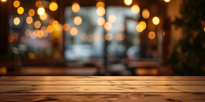 Wood planks table with blurry bokeh background in a café for product display background base