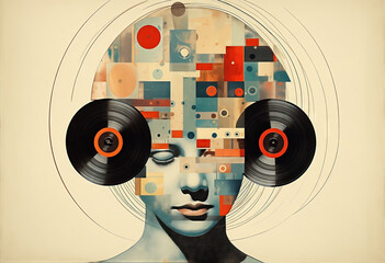 Surreal portrait with geometric mind and vintage reels Generative AI image