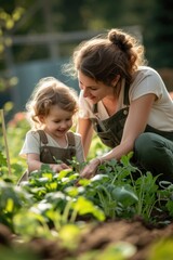 mother helping her young daughter plant vegetables, in the style of light-focused