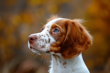 Cute Brittany dog spaniel puppy, white and orange dog, funny Brittany dog