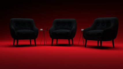 3D modeled Talkshow chairs / Webinar chairs in front of red backdrop.	