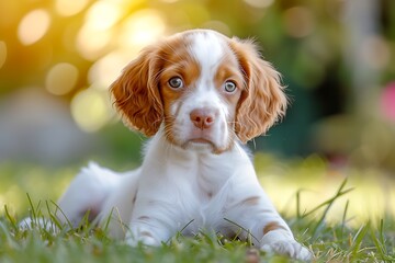 Cute Brittany dog spaniel puppy, white and orange dog, funny Brittany dog