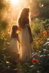 mother and daughter in garden, in the style of light-focused