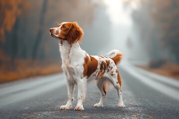  cute Brittany dog. Brittany dog a brown and white dog standing on a road.