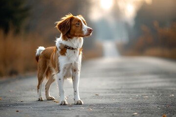 cute Brittany dog. Brittany dog a brown and white dog standing on a road.