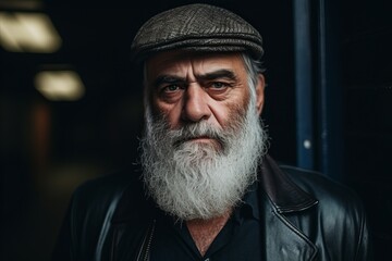 Portrait of an old man with a long white beard and a cap.