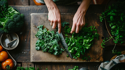 a person cutting up some greens on a cutting board with a knife - obrazy, fototapety, plakaty