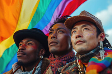 Three men united by pride under a rainbow flag Generative AI image