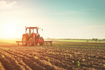 Fototapeta premium Tractor agricultural machinery harvesting in the field, work agrarian machines agronomists farmers farmers