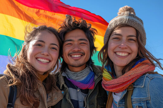 Diverse friends smiling with pride flag in background Generative AI image