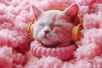 Relaxing pink cat with headphones on a soft background Generative AI image