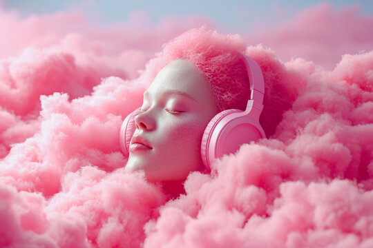 Dreamy escape with music amidst pink clouds Generative AI image