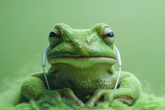 Green frog with headphones on a matching background Generative AI image