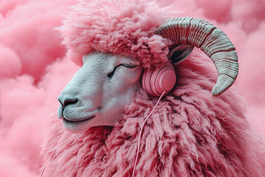 Pink woolly sheep wearing headphones on pink background Generative AI image