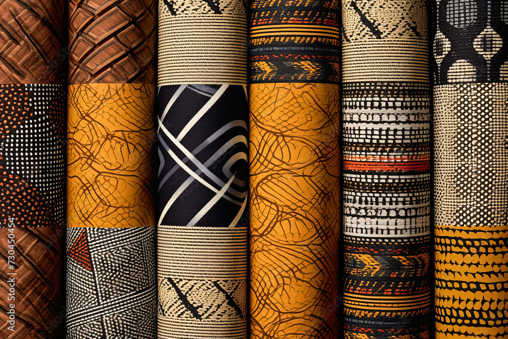 Poster an array of fabric rolls adorned with intricate and colorful african designs
