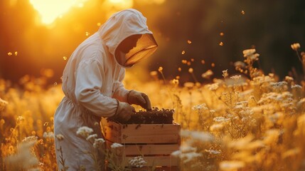 hive beekeeper or apiarist tending hives with a beehive - obrazy, fototapety, plakaty