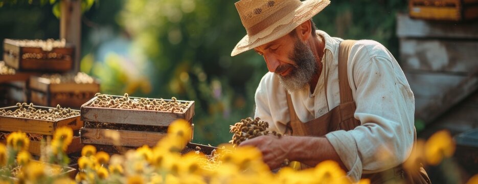 beekeeper collecting honey from bee hives
