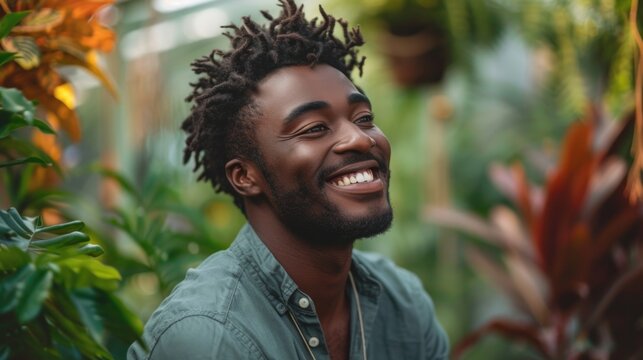 image of black man enjoying himself in greenhouse