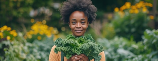 a black woman holding kale with two handles, in the style of southern countryside, youthful energy - obrazy, fototapety, plakaty