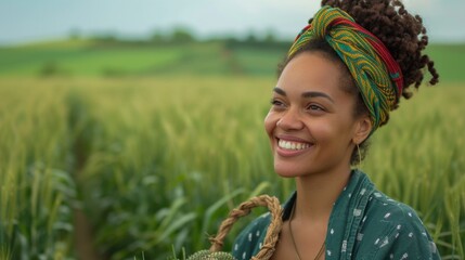 woman smiling at farmers field holding a green basket, in the style of Afrofuturism-inspired