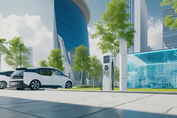 Crédence de cuisine en verre imprimé Etats Unis The city of the future, a modern city with charging stations for electric cars
