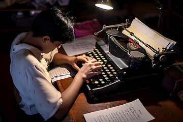 Una persona  trabajando con una maquina de escribir antigua  - obrazy, fototapety, plakaty