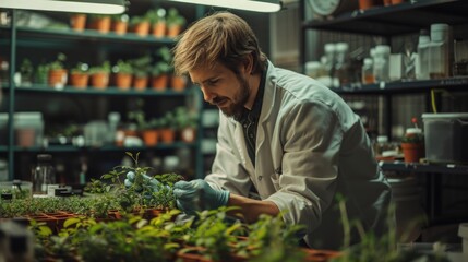 scientist in lab checking plants, in the style of dark green and light gray
