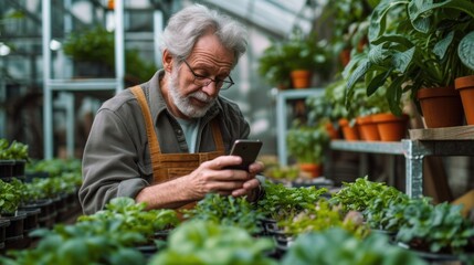 a scientist using a smartphone while growing plants in a greenhouse, in the style of light green and light gray