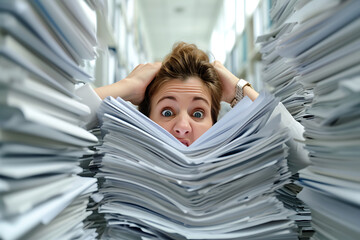 Persona estresada agarrandose la cabeza rodeado de papeles en oficina  co. Exceso de trabajo  - obrazy, fototapety, plakaty