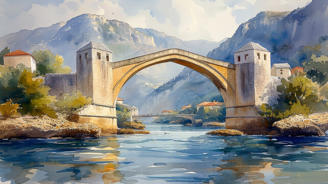 Watercolor painting of Mostar Old Bridge