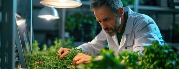 a scientist is using his computer to plant vegetables, in the style of natural lighting - obrazy, fototapety, plakaty