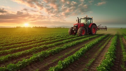 Fototapeta premium a tractor on a field of green produce