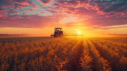 Fototapeta premium modern farm machinery in a fresh field at sunrise