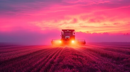 Fototapeta premium modern farm machinery in a fresh field at sunrise