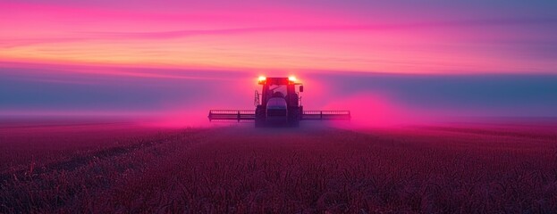 Fototapeta premium modern farm machinery in a fresh field at sunrise