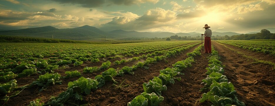 a farmer is working in a field that has vegetables growing on it, in the style of dreamy landscapes