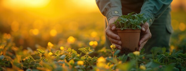 man in green field with planter in his hand, in the style of backlight, macro perspectives